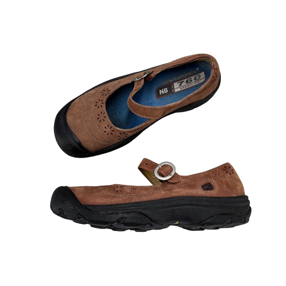 Keen Mary Jane Shoes Brown Leather Laser Cut Floral Slip On Flat Women's 7.5